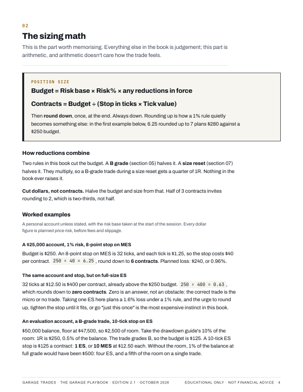 The sizing math: the formulas for the risk budget and the number of contracts, with worked examples